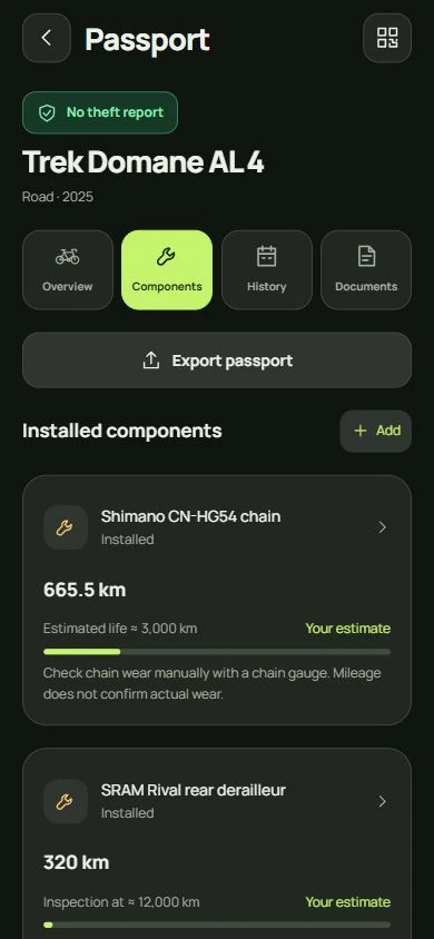 Bike ID components screen in English
