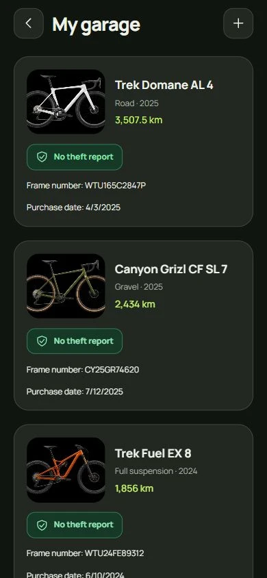Bike ID garage screen in English