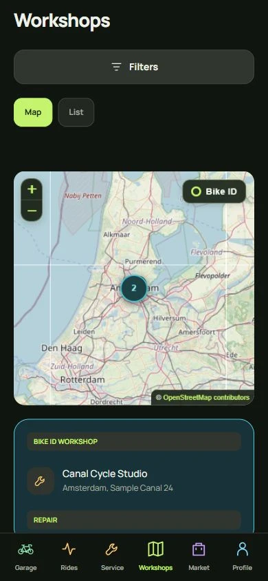 Bike ID workshops screen in English